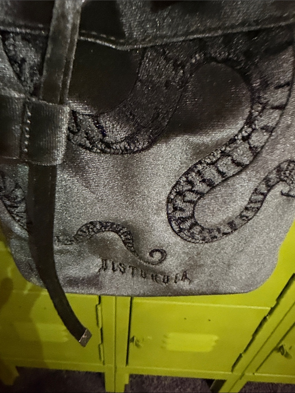 Disturbia Olive Green Velvet Drawstring Snake Bucket Bag - Picture 11 of 13